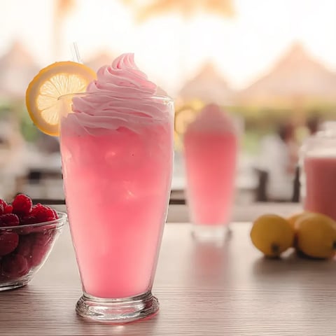 A cup filled with pink lemonade topped with cream and a lemon wedge.