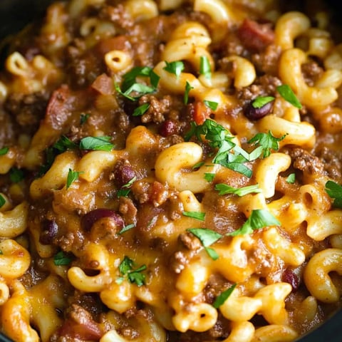 Hearty chili mac in a bowl with cheese melting on top.