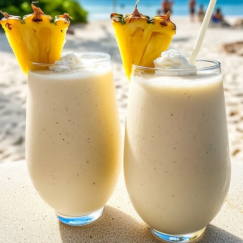 Two glasses filled with pineapple coconut smoothies on a table.