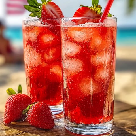 Bright strawberry drinks packed with fruit in two glasses.