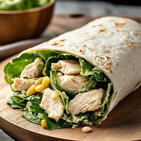 Chicken-filled wrap resting on a wooden board.