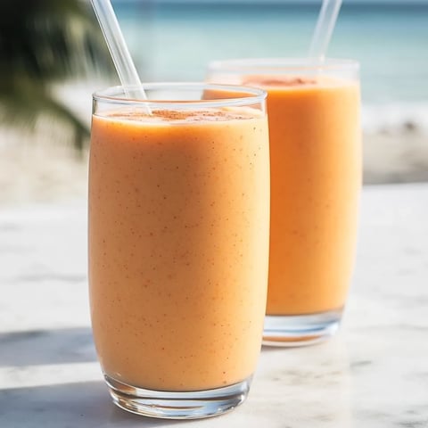 A table holds two glasses of bright orange smoothie.