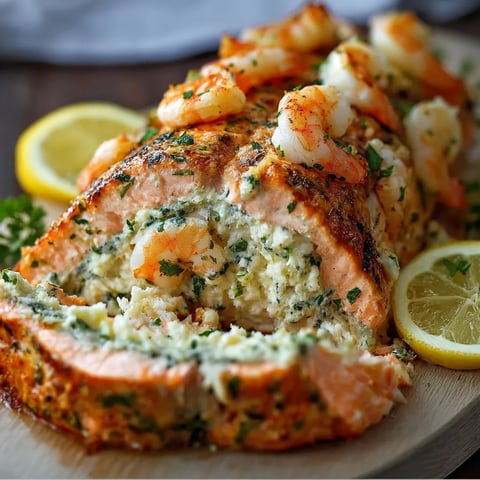 Salmon fillet piled high with shrimp.