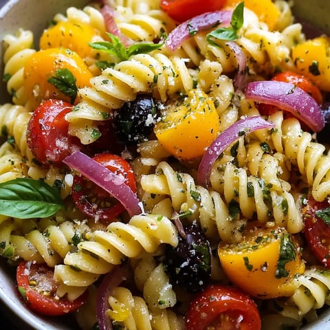 Big bowl of pasta tossed with juicy tomatoes and piles of fresh basil.
