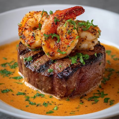 Creamy sauce poured over shrimp and steak.