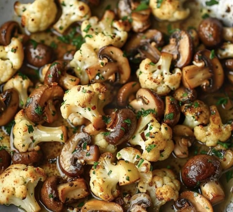 Zoomed-in look at cauliflower and mushrooms.