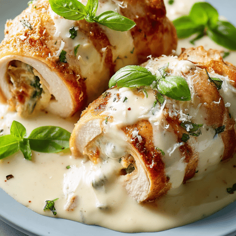 Chicken rolls topped with sauce on a plate.