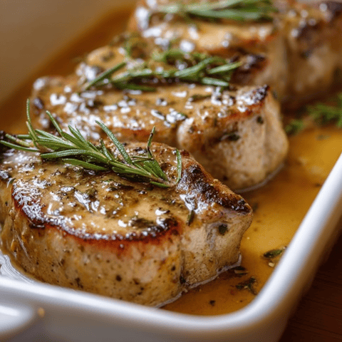 Herb-topped pork on a plate ready to eat.