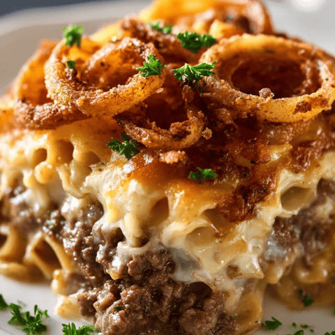 A dish with onion rings and beefy bits on a plate.