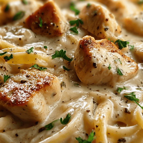 Chicken with pasta on a plate, draped in creamy sauce.