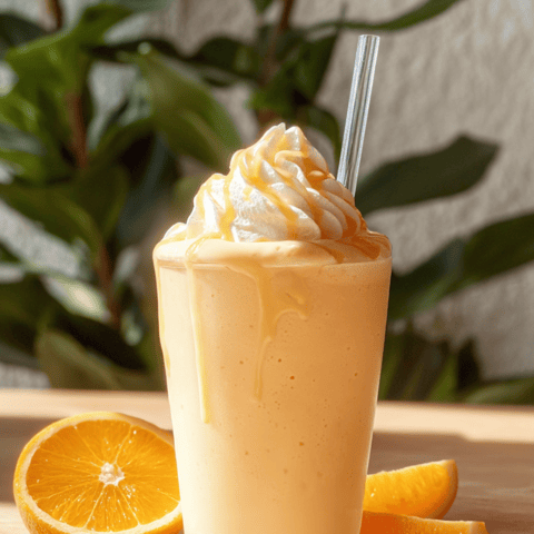 Glass of icy orange drink topped with a fresh orange slice.