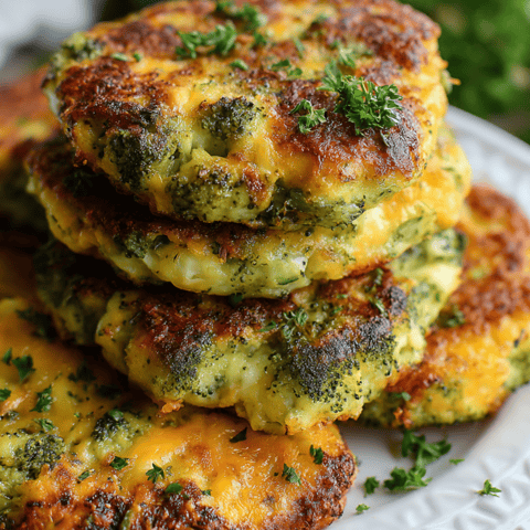 Three broccoli patties stacked on a plate.