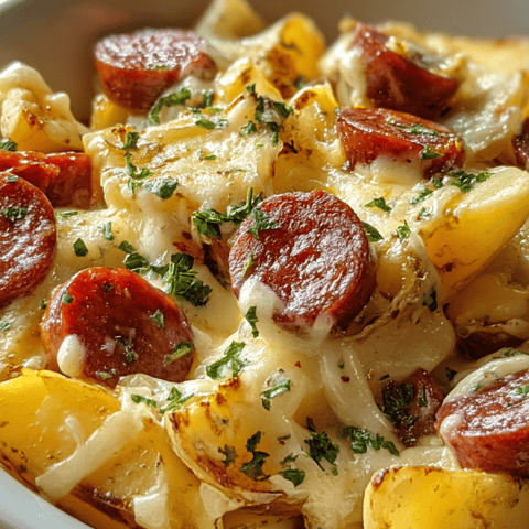 A bowl of food with potatoes and sausage chunks.
