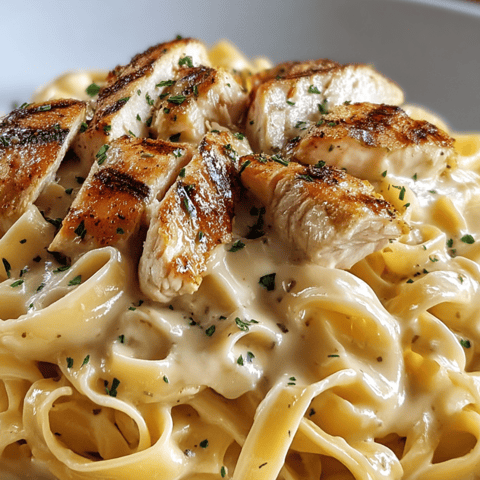 Chicken stacked on buttery pasta noodles.