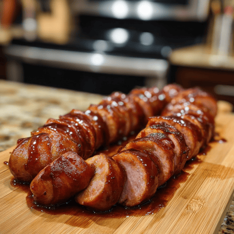 Two sausages on a wooden cutting board, ready for slicing.