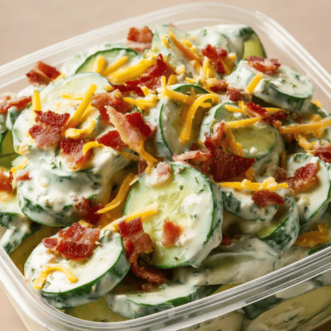 Cucumbers loaded with bacon and cheese in a container.