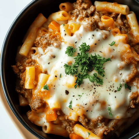 Pasta bowl loaded with beef and cheesy goodness.