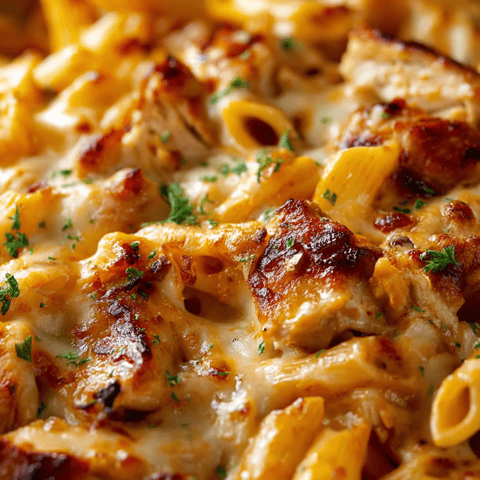 Tender pasta and chicken with cheese piled high on a plate.
