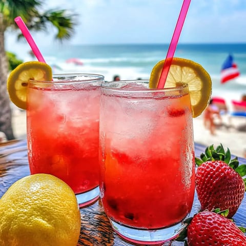 A pair of glasses with bright pink lemonade and lemon rounds sitting on a table.