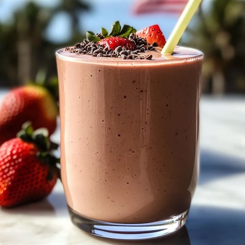 Chocolatey smoothie in a glass, topped with sliced fresh strawberries.