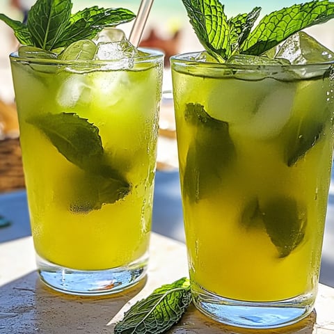 Two chilled glasses filled with green tea and fresh mint leaves.