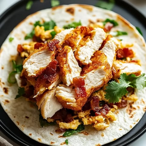 Chicken and bacon stacked high on a tortilla.