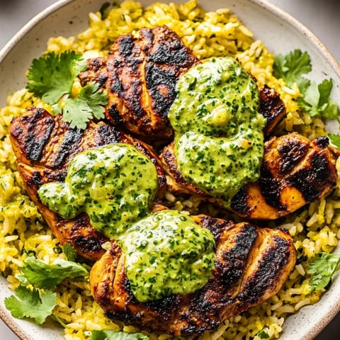 Chicken, rice, and green sauce loaded up on a plate.