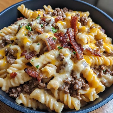 A bowl filled with cheesy beefy pasta.
