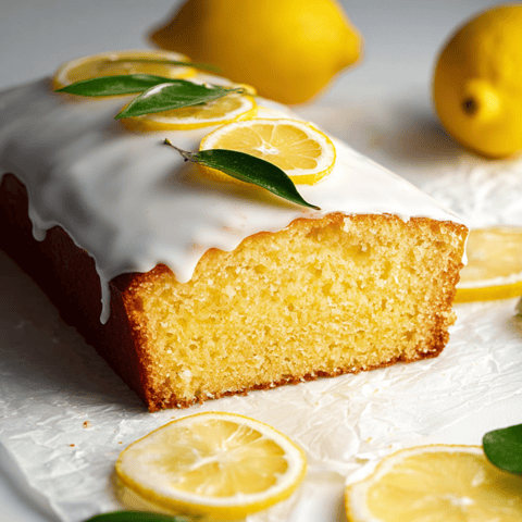 Slice of lemony cake with fresh lemon slices on top.