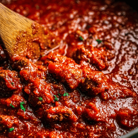 A saucepot with red sauce and a wooden spoon inside.