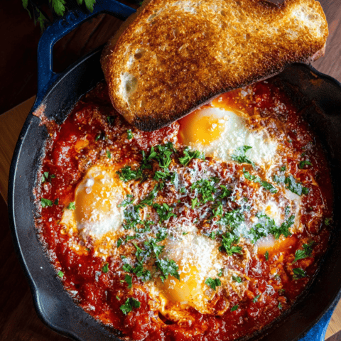 A bread slice tops a bowlful of saucy eggs.