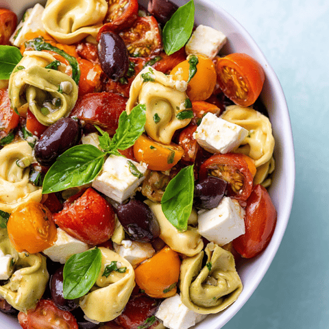 A bowl of pasta with tomatoes, olives, and cheese.