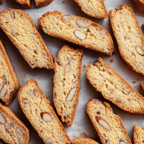 Almond-packed bread sitting on a tabletop.