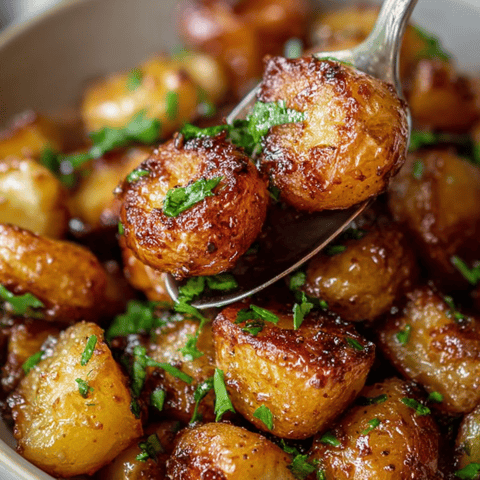 A spoon rests in a dish of potatoes.