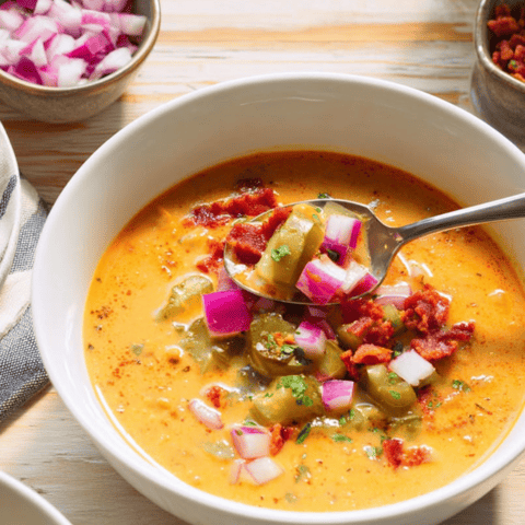 A bowl full of soup with a spoon inside.