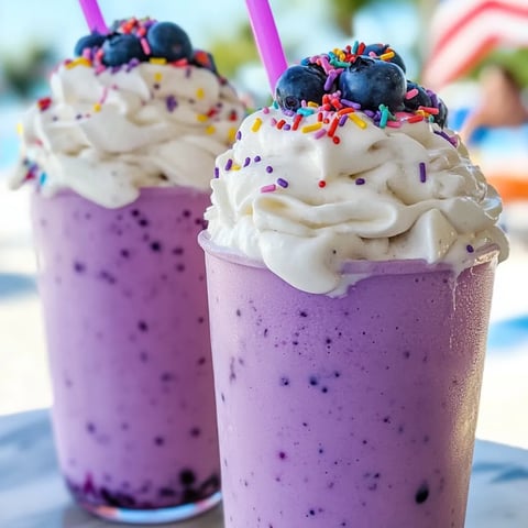 Blueberry shakes in tall glasses with pink straws poking out the top.