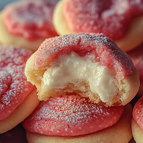 A cookie up close with cream cheese ribbons and bright strawberry pieces showing.