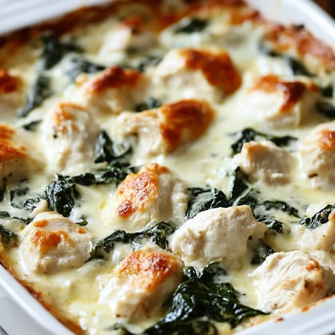 A dish of chicken and spinach.