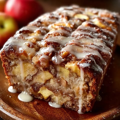 Frosted apple bread slice sitting on wooden table.