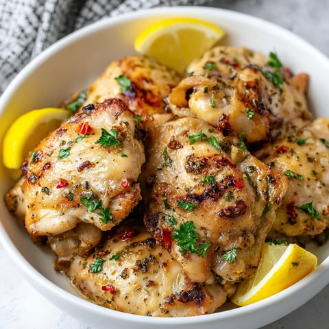 Chicken pieces in a bowl with slices of lemon.