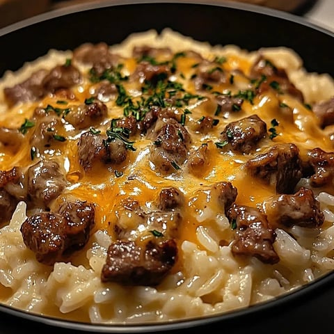 A bowl packed with cheesy rice and beef.