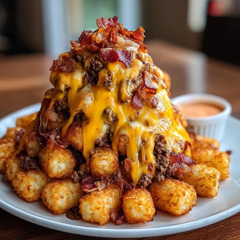 Plate stacked with cheesy bacon onion ring treats.