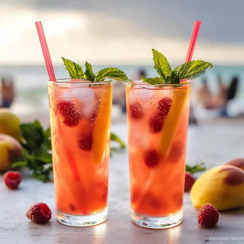 A pair of glasses filled with a fruity drink and straws.