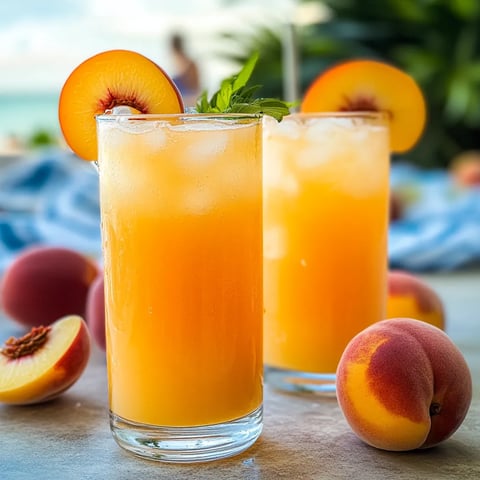 Two glasses filled with peachy lemonade beside fresh peaches.