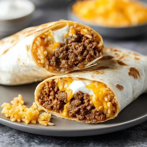 Two packed burritos stuffed with cheese and beef on a dish.