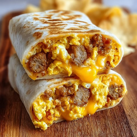 Breakfast wrap stuffed with eggs and sausage on a plate.