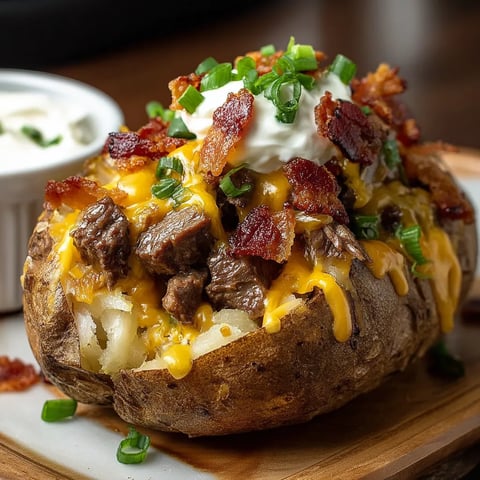 A close up shot of a potato smothered with bacon and cheese.