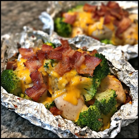 Foil packet meal packed with bacon and green veggies.