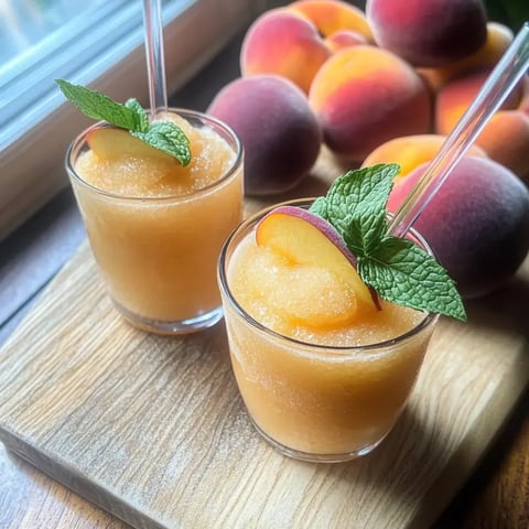 A pair of chilled peach drinks topped with mint.