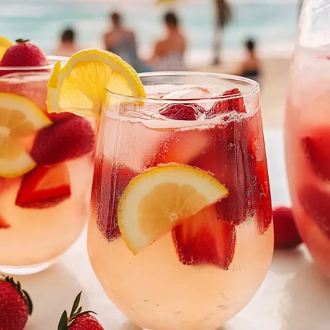 Two glasses of pink lemonade loaded with strawberries.